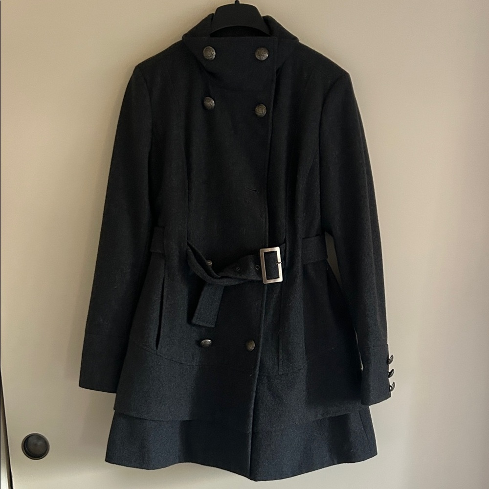 Women’s Marvin Richards deep gray, layered and feminine woolen coat with belt.